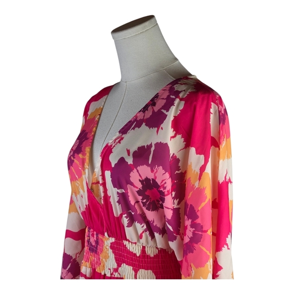 Flying Tomato Pink Floral Maxi Dress M Boho Kimono Sleeve Smocked Waist - Picture 3 of 12